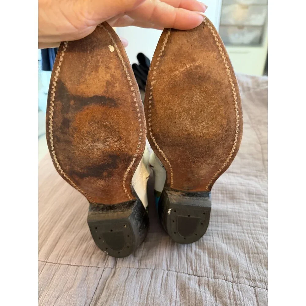 Sears Vintage Mens Hand Painted Coyote Boots Size 8 D Cream Leather Western OOAK